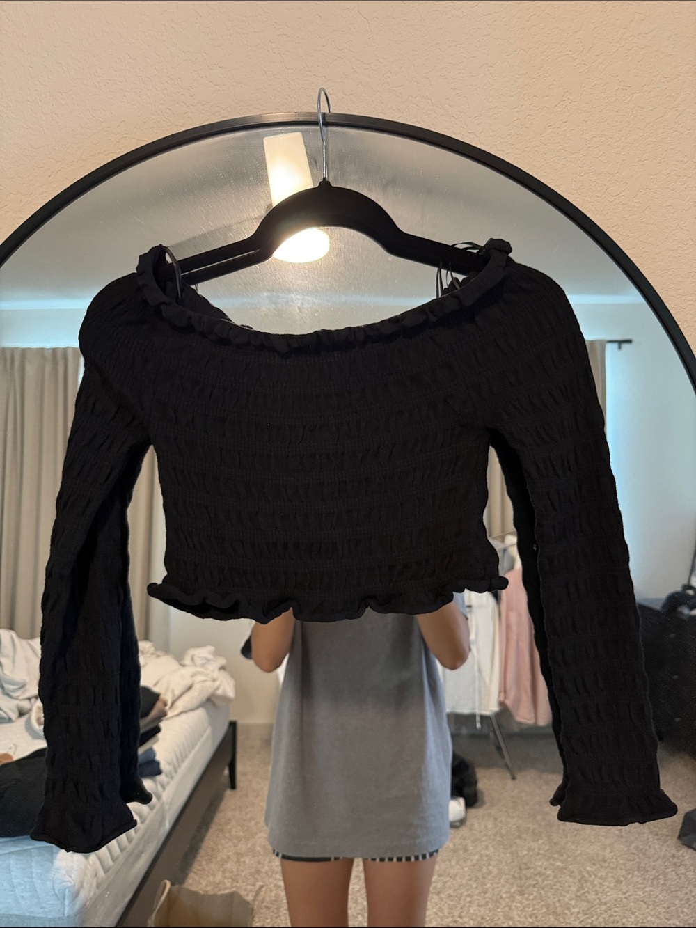 Black Smocked Off-Shoulder Ruffle Hem Crop Top - Women